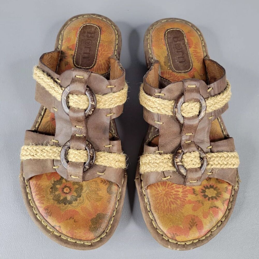 Born Sandals Womens Jacinthe Rope Casual Slip On Slide Brown Leather Size 6 M